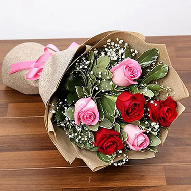 Stolen Kisses, Bouquet, Pink Roses, Red Roses, Pittosporum, Gypsophila